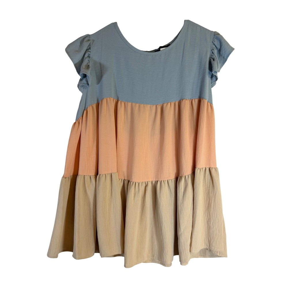 Adara Womens 3X Colorblock Tiered Babydoll Top Blue Peach Tan Ruffle Sleeve USA